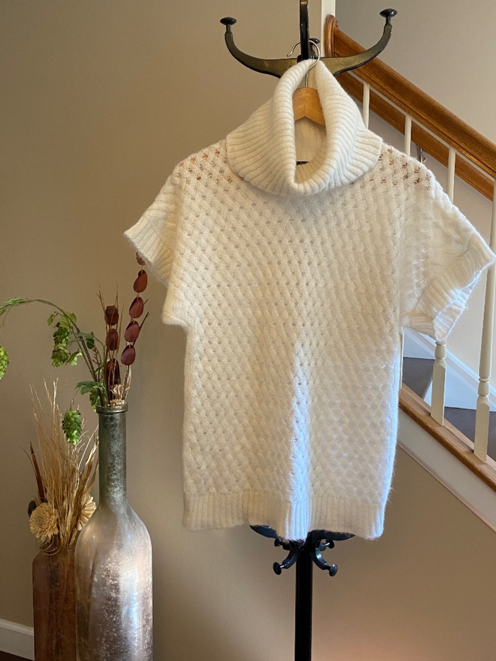 SISLEY Italy Vintage Off-White Cable-Knit Mohair Blend Cowl Neck Sweater Medium